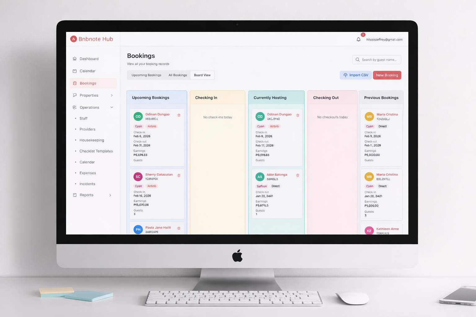 BNBNote bookings board view on iMac — Upcoming, Checking in, Currently hosting, Checking out, Completed