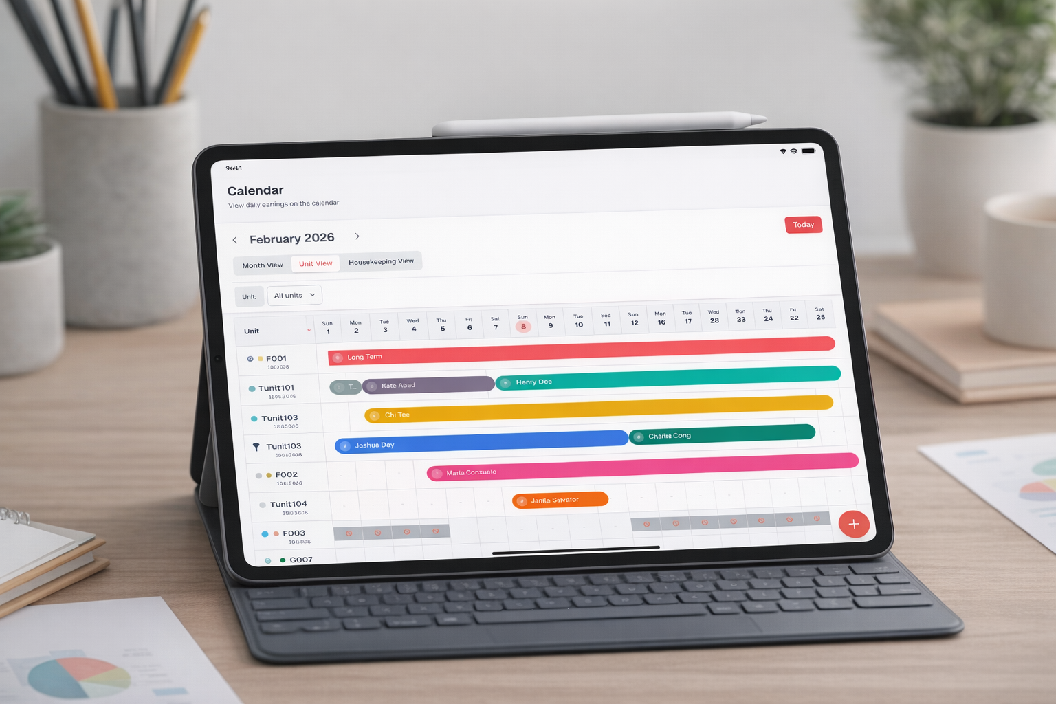 BNBNote calendar on iPad — all units and bookings in one view