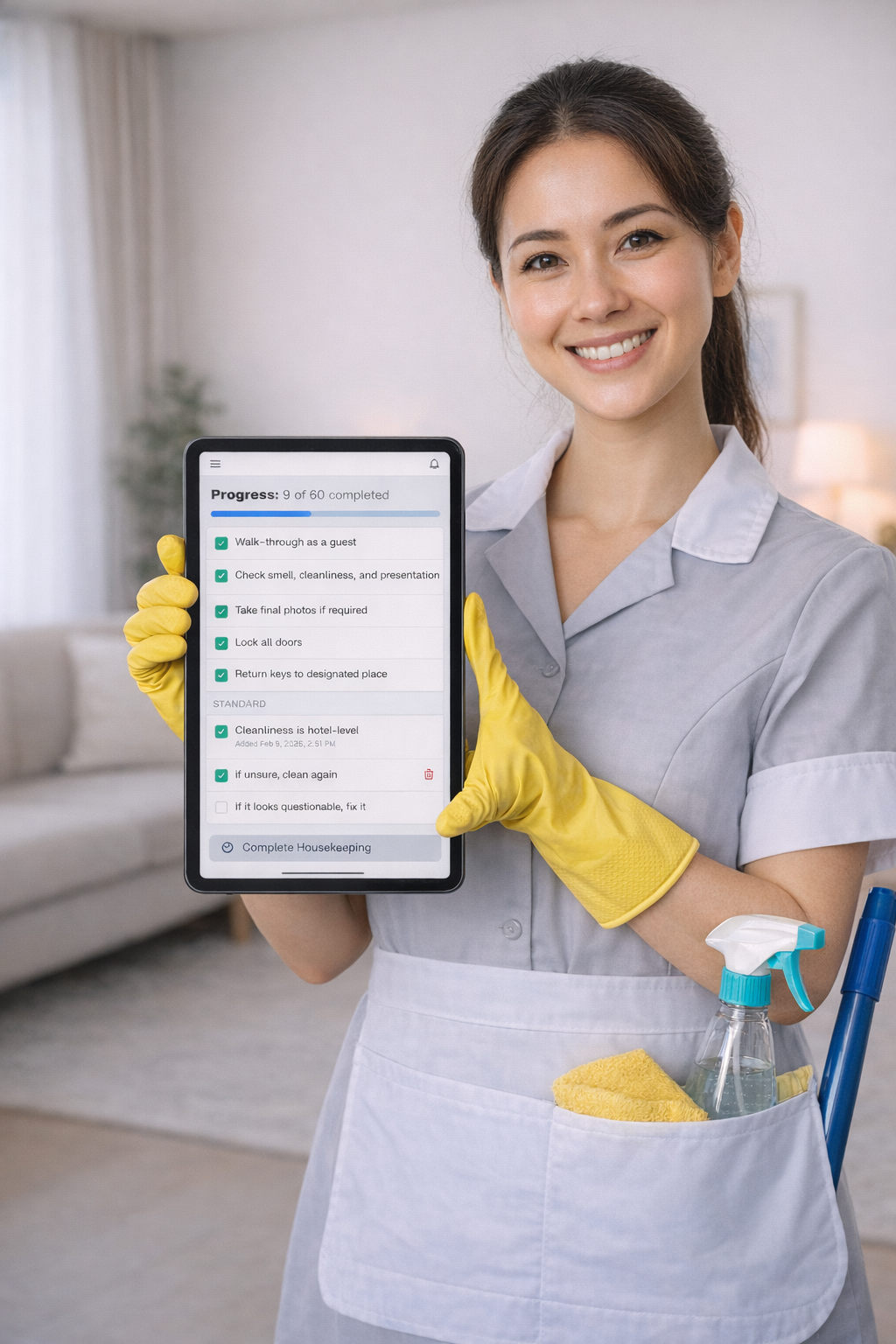 Housekeeper using a tablet with BNBNote housekeeping checklist — tasks by category with checkboxes and real-time updates